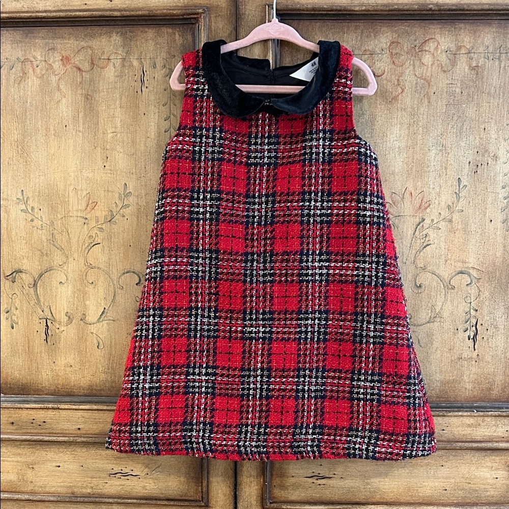 Girls Red and Black Tweed Plaid Sleeveless Dress